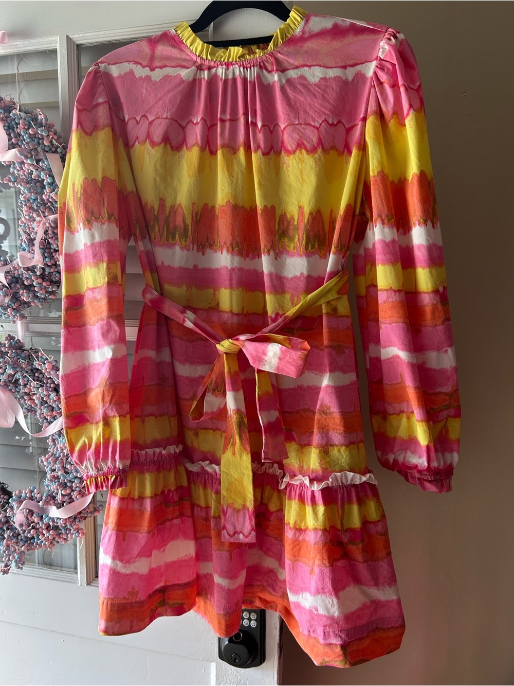 Scoop Vibrant Pink & Yellow Tie-Waist Mini Dress